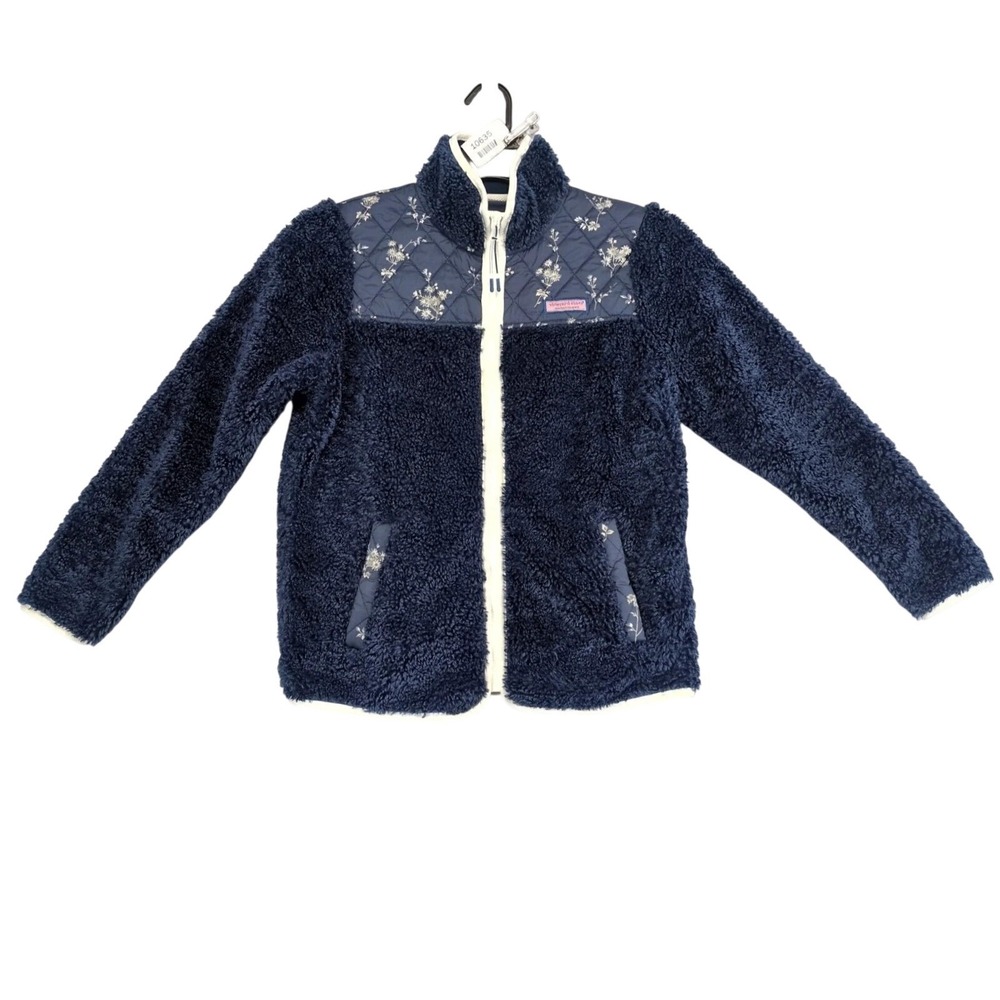 Vineyard Vines Navy Floral Fleece Jacket Womens M Fuzzy Sherpa Full Zip Coastal